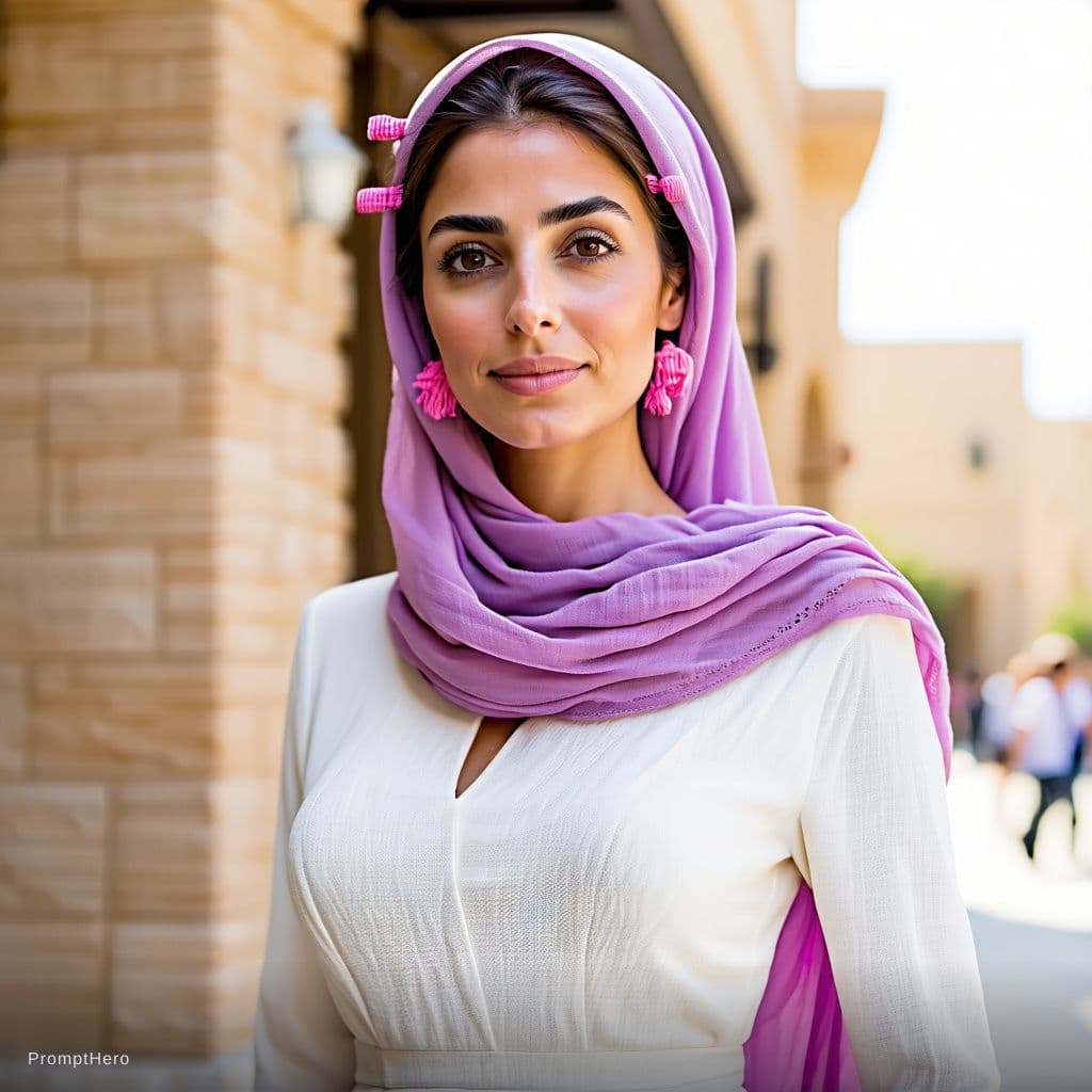 AI generated: Beautiful Saudi Arabia woman, 40 years old don’t care, big eyes, nice nose, big eclipse, pink clips,...