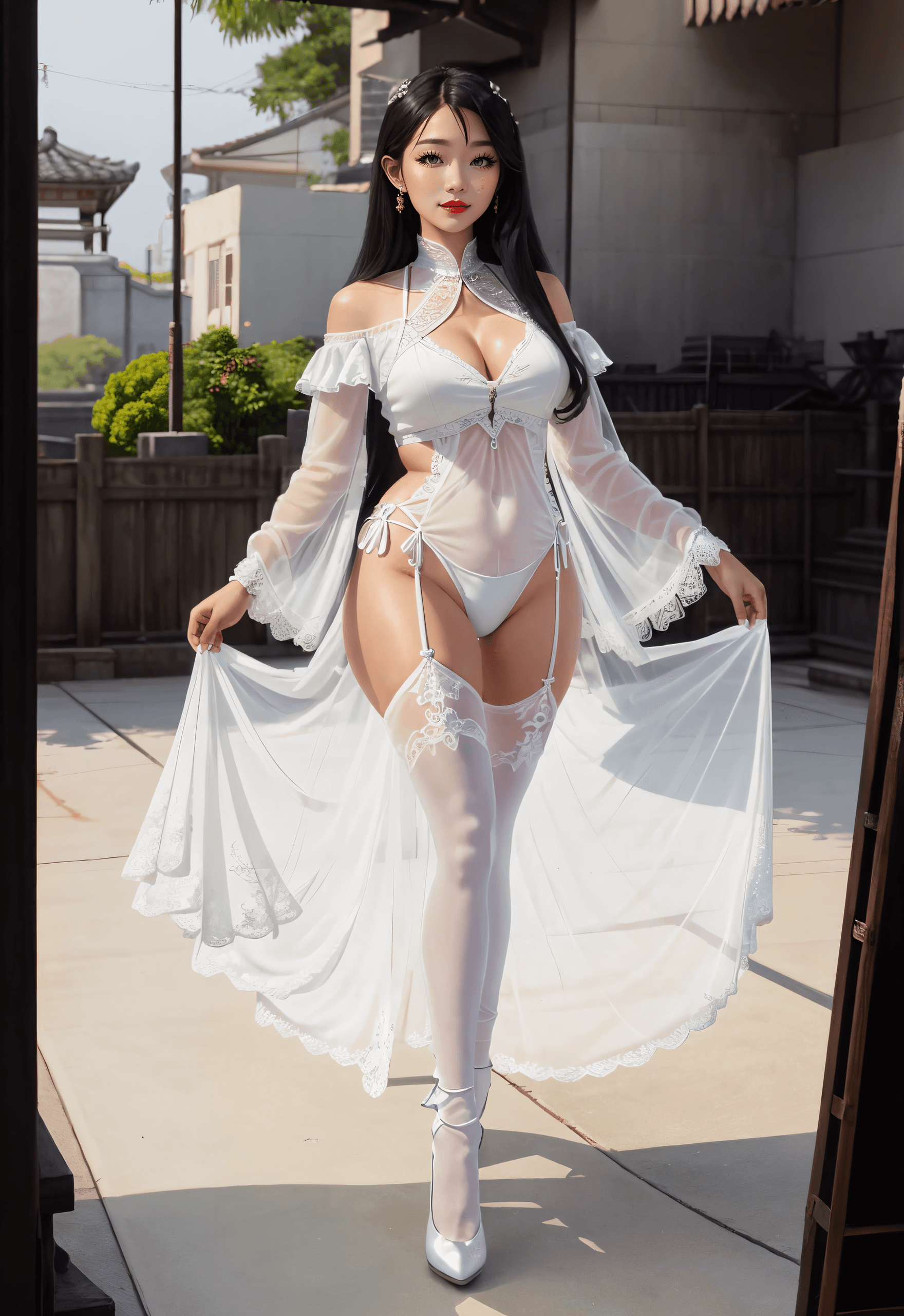 AI generated: (Masterpiece, Award winning, Highest Quality:1.2), (full body shot, viewed from below:1.15), (long w...