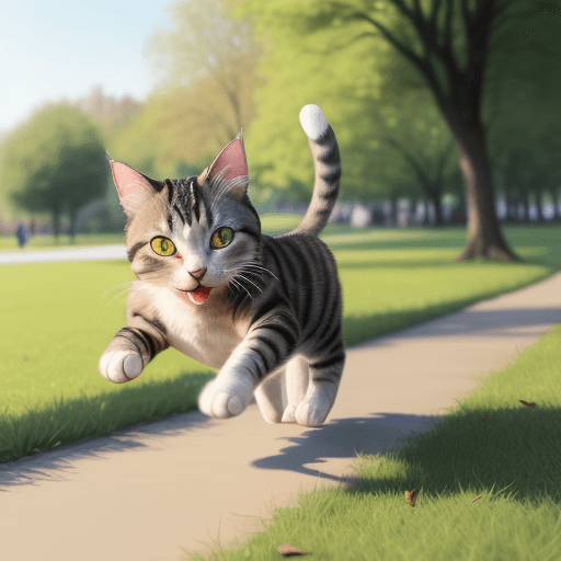 AI generated: Photo of a an animated realistic cat running in the park