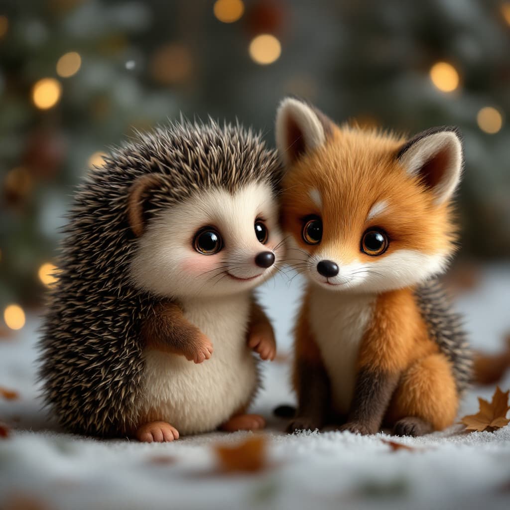 AI generated: photorealistic 2 cute baby hedgehog plush brother and sister and one cute little fox with big eyes, ...