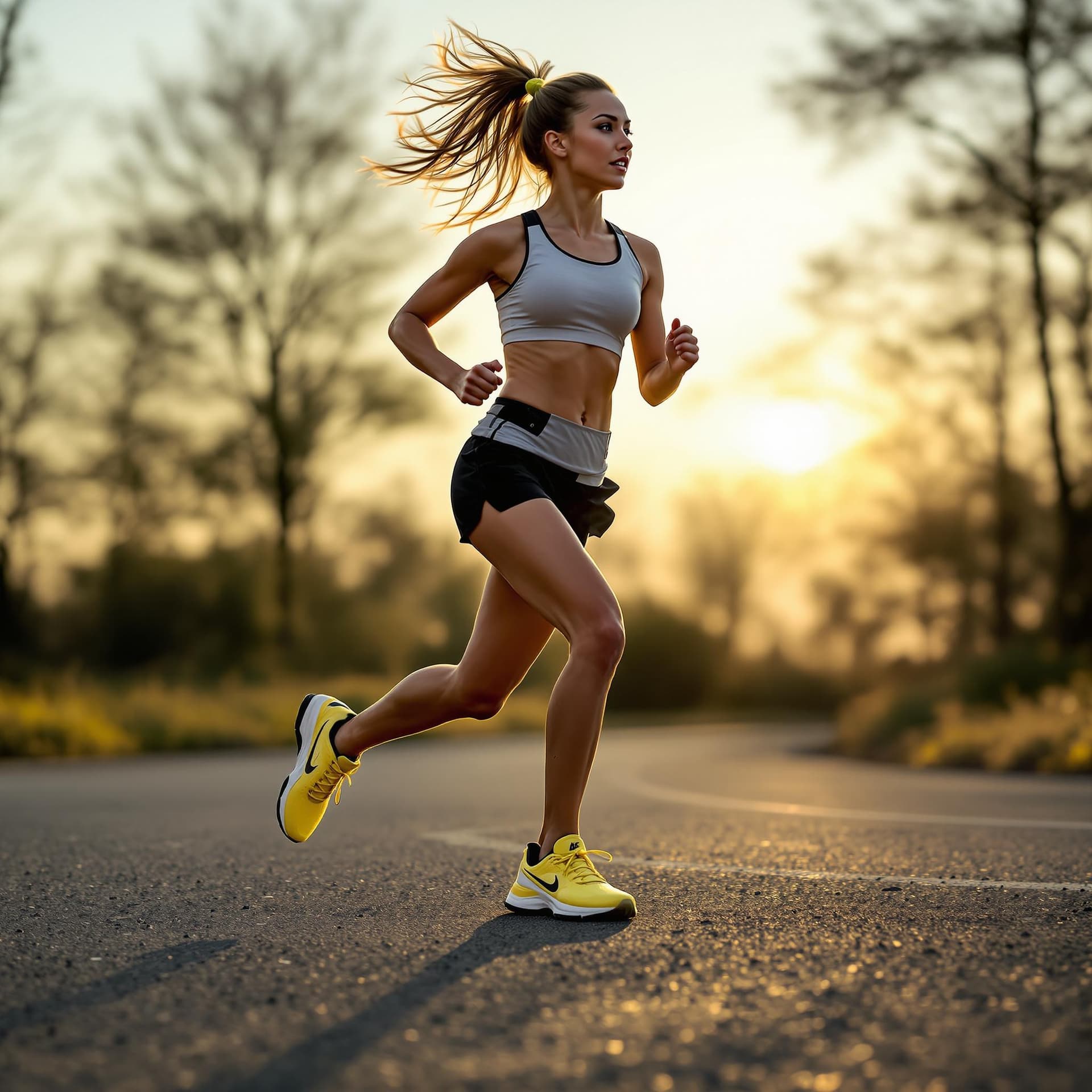 AI generated: a 20 year old long distance runner woman in tank top and running shorts running wearing Nike Pegasus...