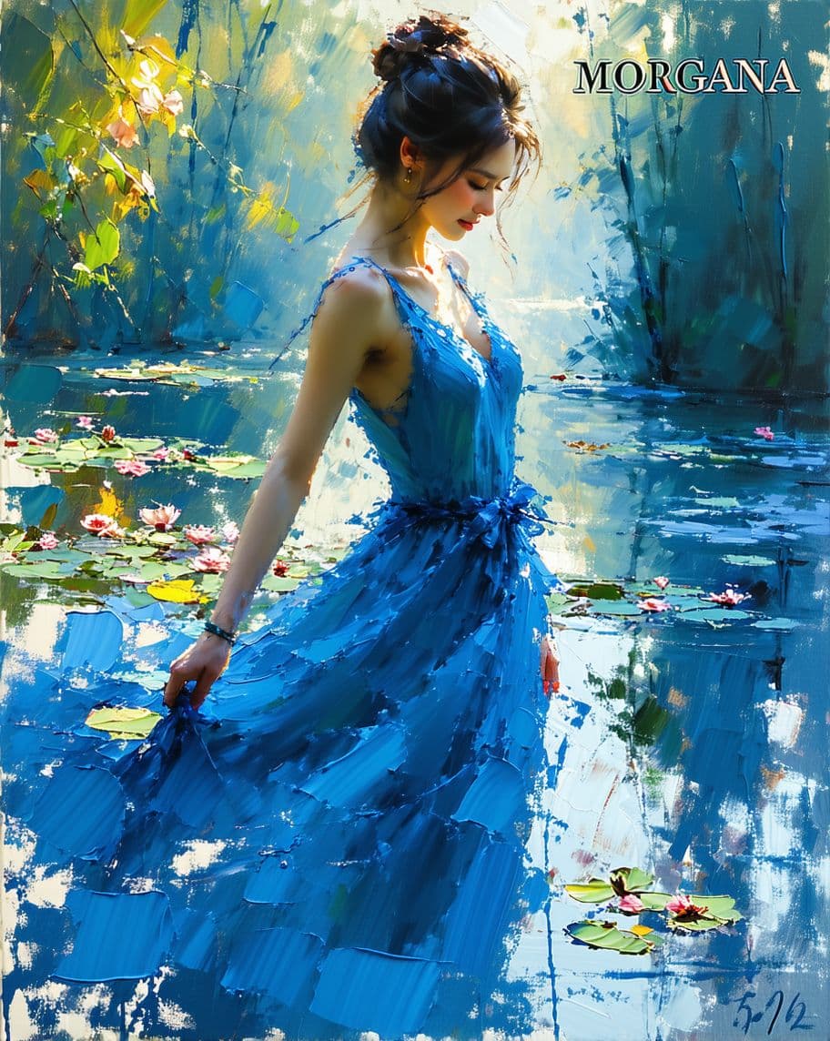 AI generated: impressionist painting of a woman wearing a blue dress, in the style of Monet, graceful, disintegrat...