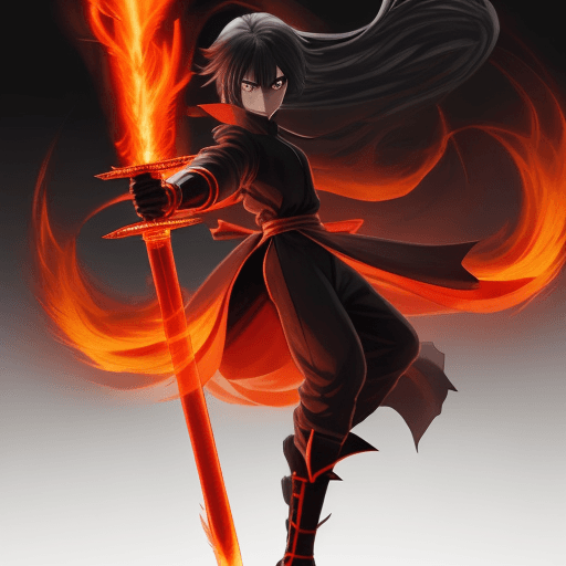 AI generated: full size fire sword located at an angle of 45 degrees, anime style, without any people, black backg...