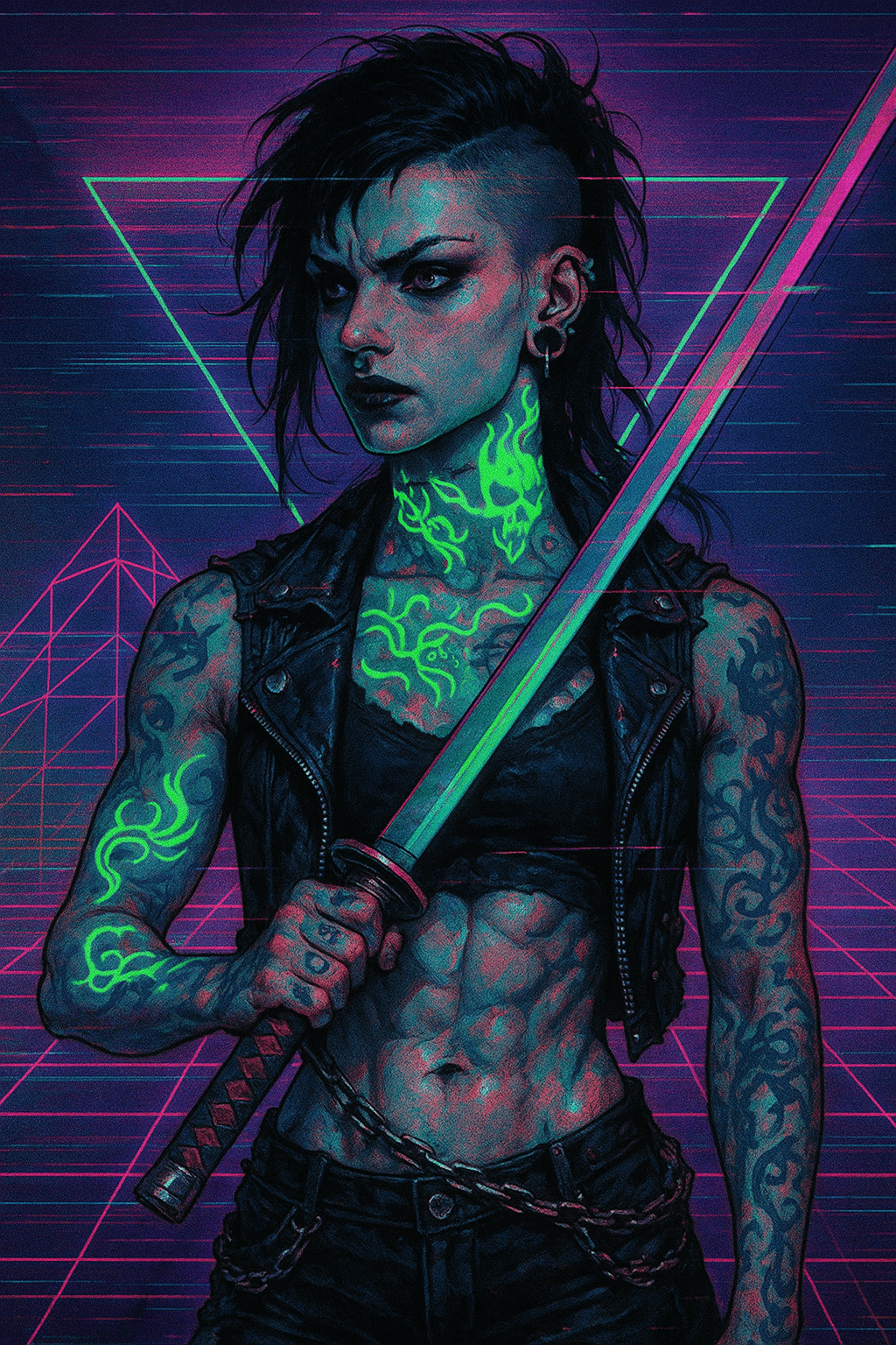 AI generated: A vaporwave-inspired portrait of a gothic punk rebel girl, illuminated by neon green, blue, and red ...