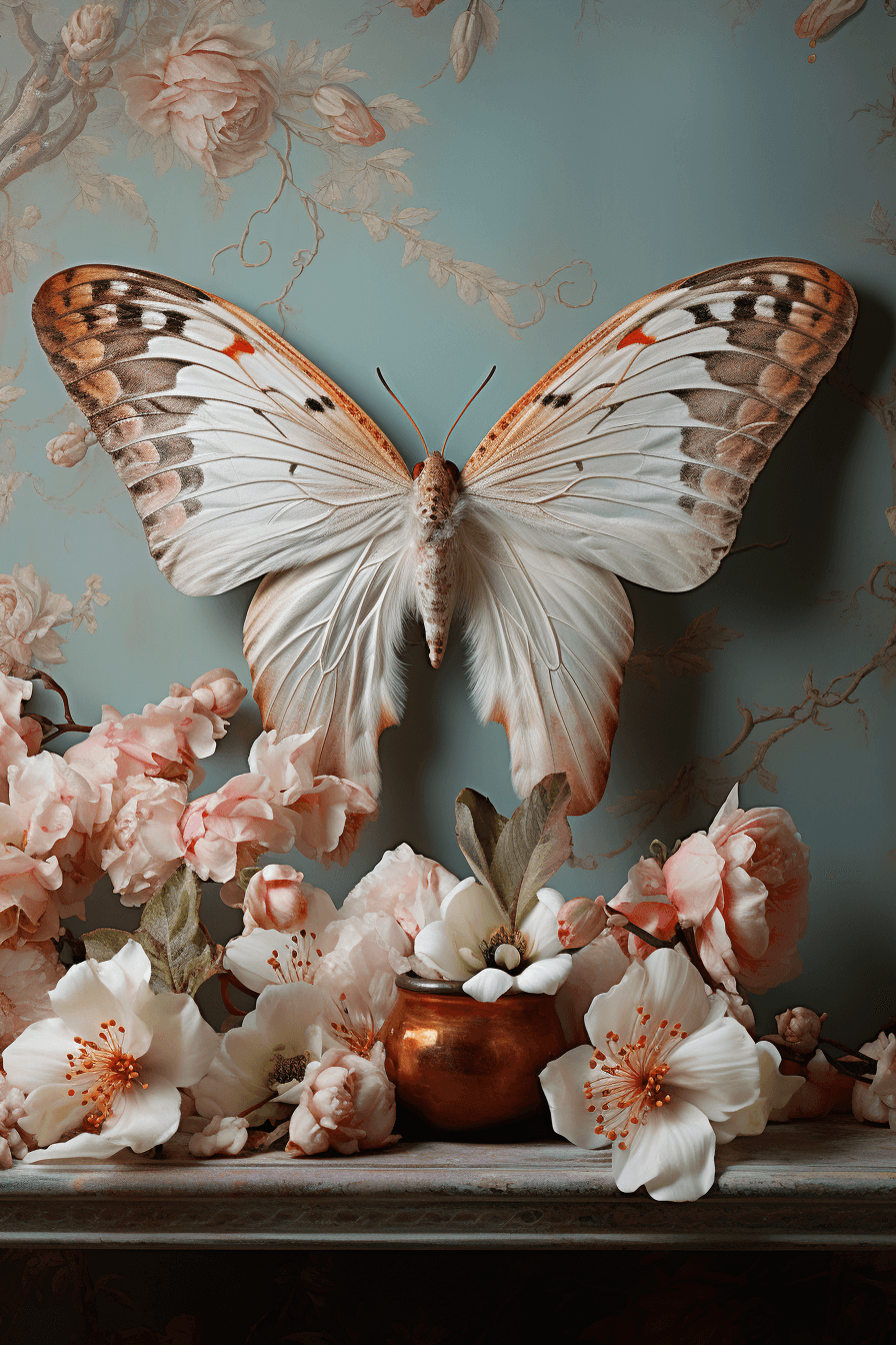 AI generated: Polyphemus moth, open wings with baroque wing details, sharp details, raspberry and sage, carravagio...