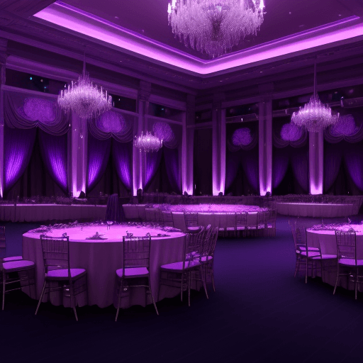 AI generated: this is a ballroom that has purple lighting, there are six for dancing in this ballroom