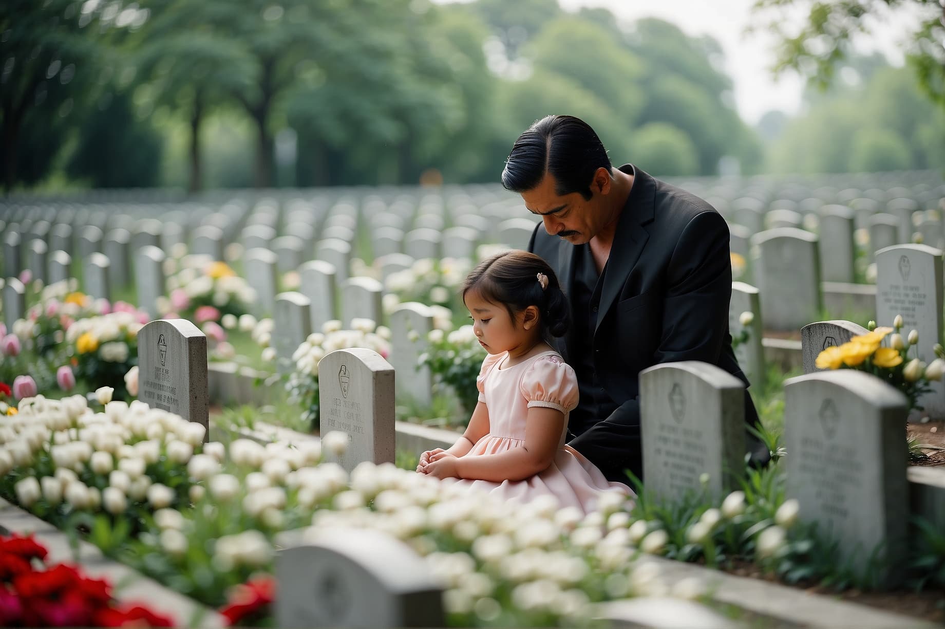 AI generated: "Produce an artistic representation of a man visiting his wife's grave with his daughter. The scene ...
