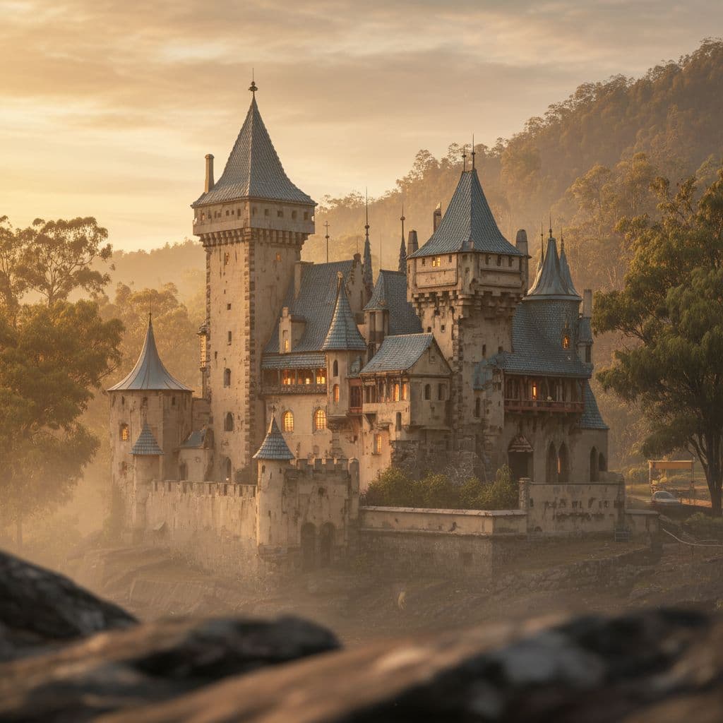 AI generated: Early morning sunrise a beautiful amazing castle similar to the very amazing Karlstein Castle that w...