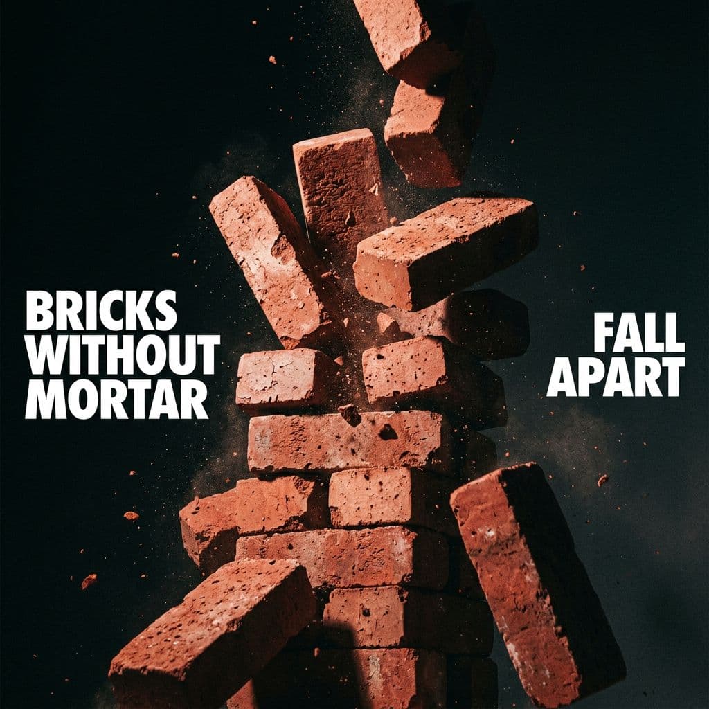 AI generated: A powerful, high-contrast commercial photograph of a collapsing pile of red clay bricks, captured mi...