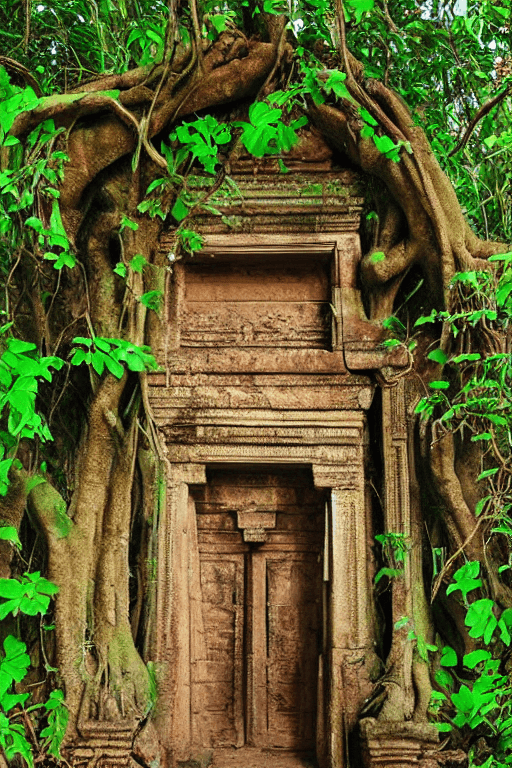 AI generated: mdjrny-v4 style, ancient Hindu temple ruins, ultra-realistic, open doorframe in the middle of banyan...