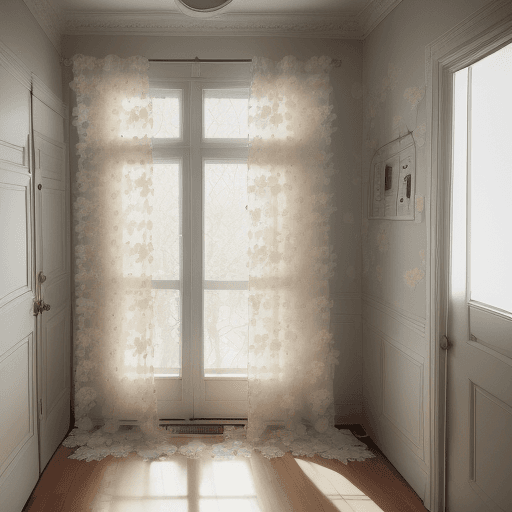 AI generated: A photo of an off-white curtain with small floral patterns, hanging in front of the door on one side...
