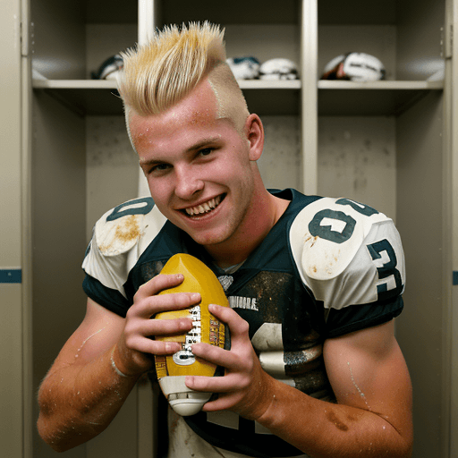 AI generated: grinning young handsome caucasian american football player with a short blonde mohawk, sweaty and mu...