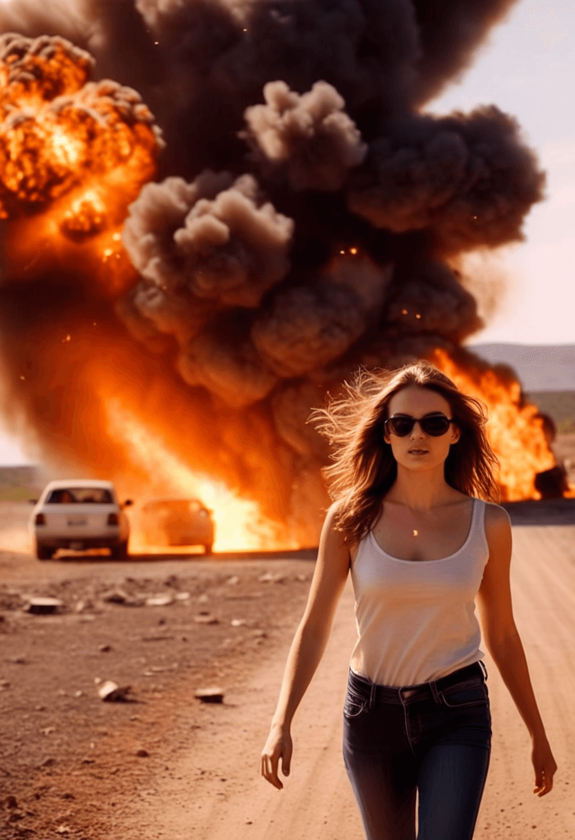 AI generated: cinematic film still beautiful woman, long brunette hair, walking toward the viewer, huge explosion ...