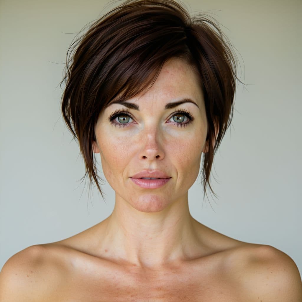 AI generated: score_9, score_8, realistic, big ass, Hustler Porn photo shoot, 40-year-old, short brown hair, 1girl...