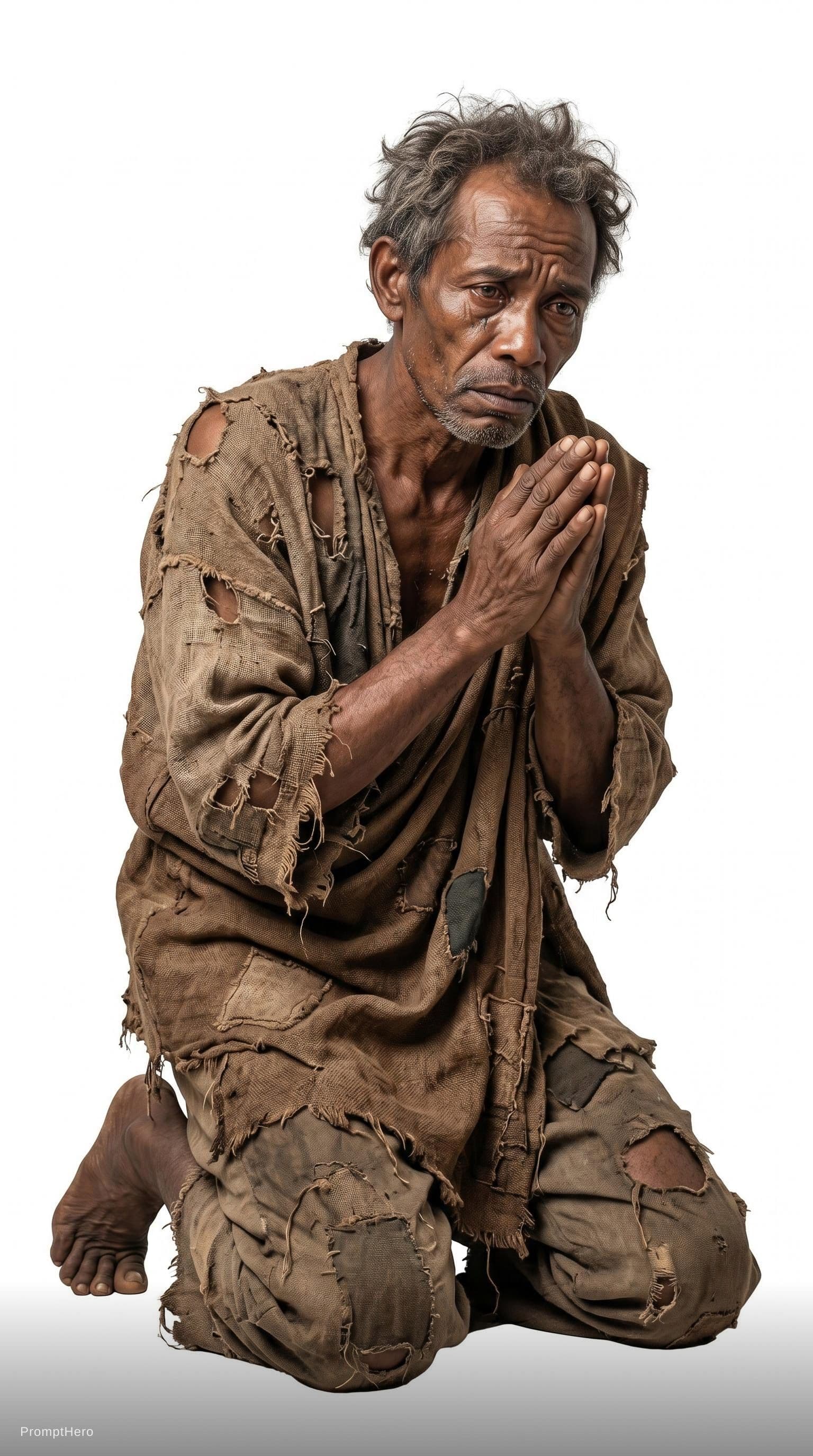 AI generated: 1828 show a peasant man Madagascar origin worn out begging for mercy cutout white background.