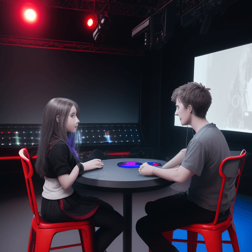 AI generated: A girl and a guy are sitting , there is a red button on the table,they are in the video studio,the m...