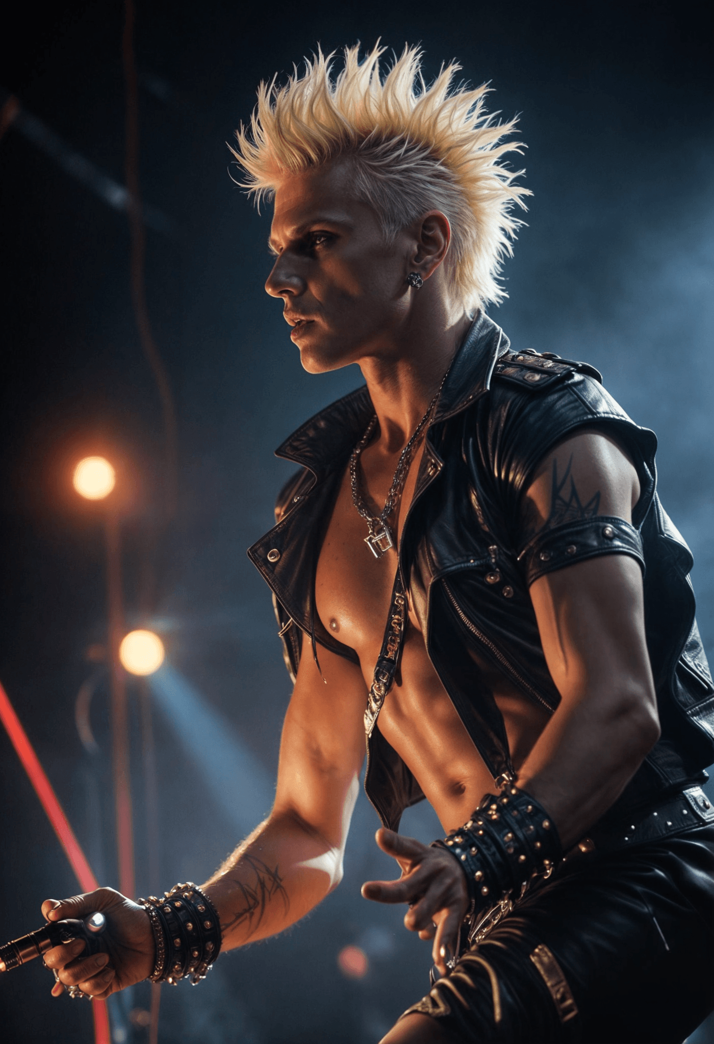 AI generated: a scene from the popstar Billy Idol,in 1984,dynamic lights,lasershow,misty