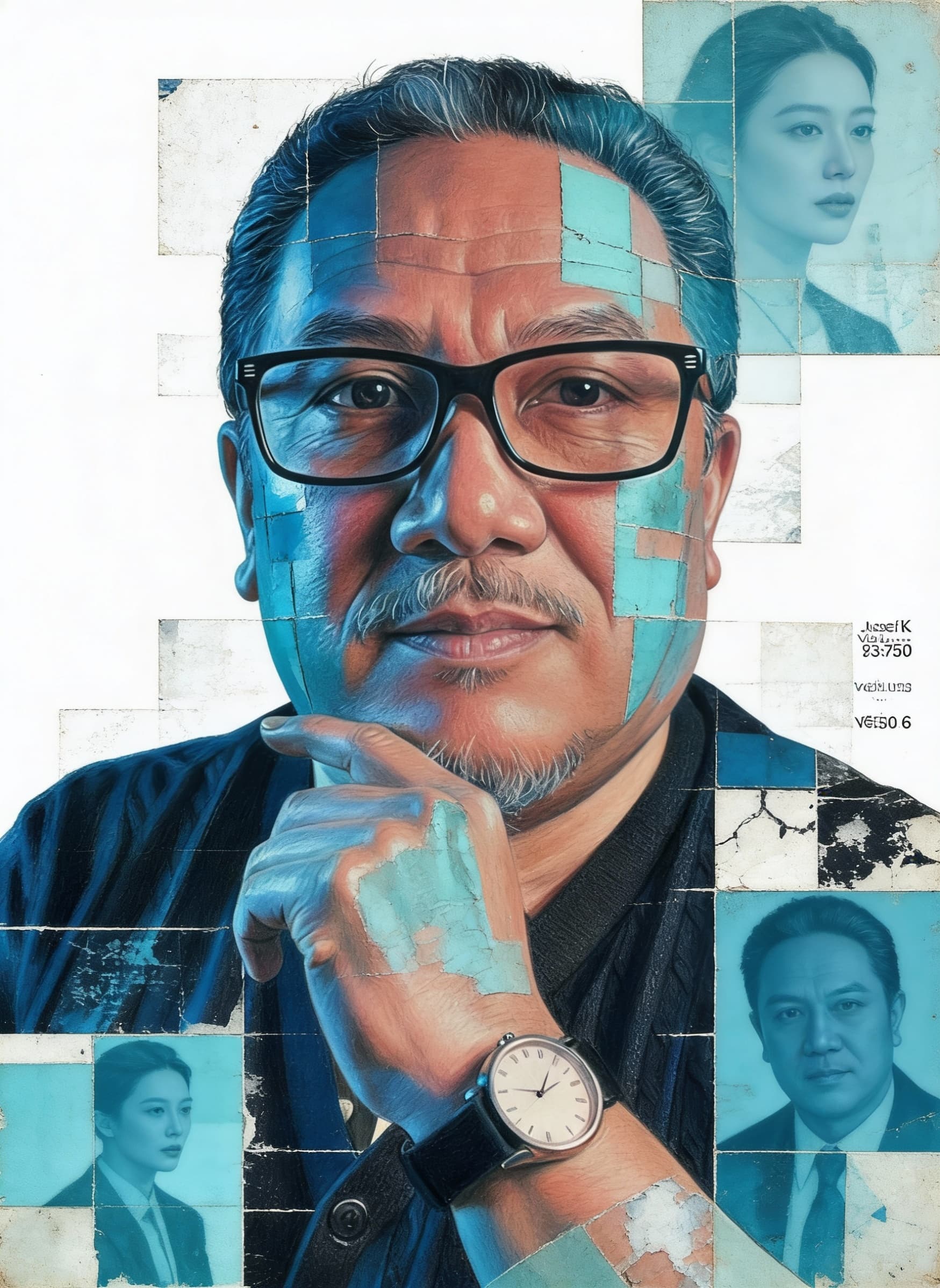 AI generated: print collage of man's face (picture provided) in the style of josef kote,grunge beauty,dain yoon,cy...