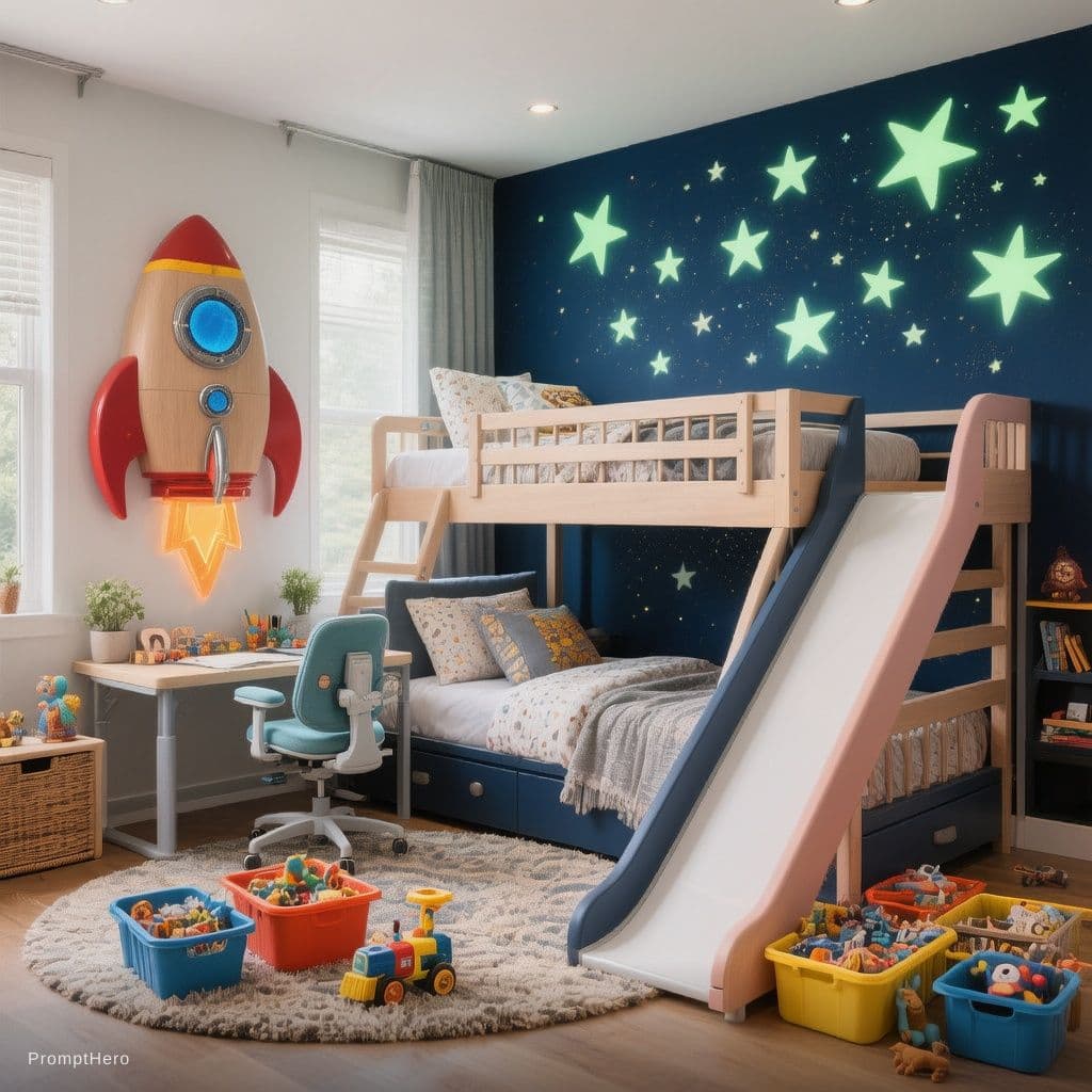 AI generated: Colorful kids' bedroom in a 3 BHK, space theme, bunk bed with slide, navy blue accent wall with glow...