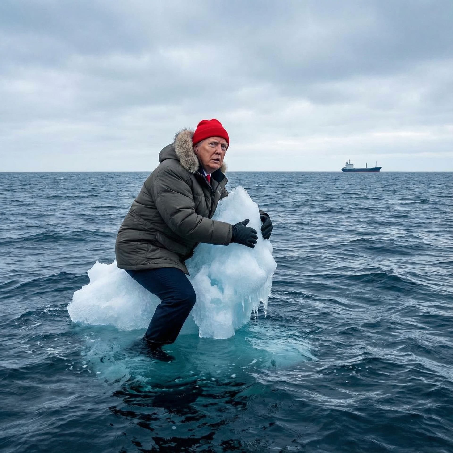 AI generated: Donald Trump stuck on a ice berg in the middle of the ocean