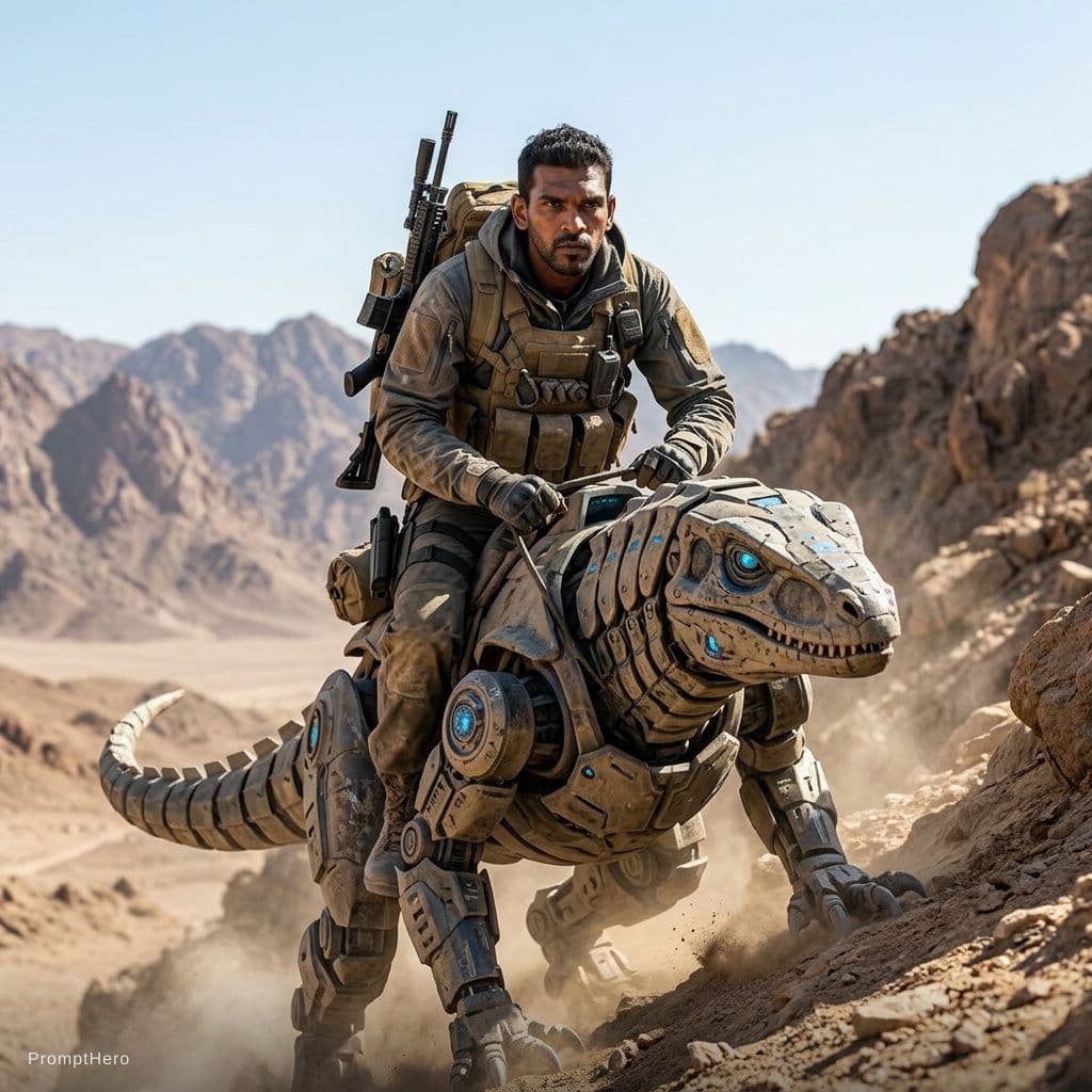 AI generated: A lone desert scout riding a robotic reptile-like pack mount up a rocky slope under a wide open sky,...