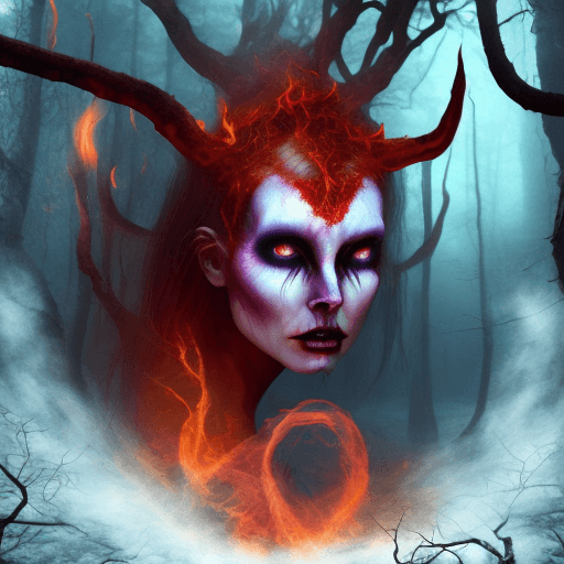 AI generated: In the eerie depths of a haunted forest, a mesmerising she-devil flickers with flames and a captivat...