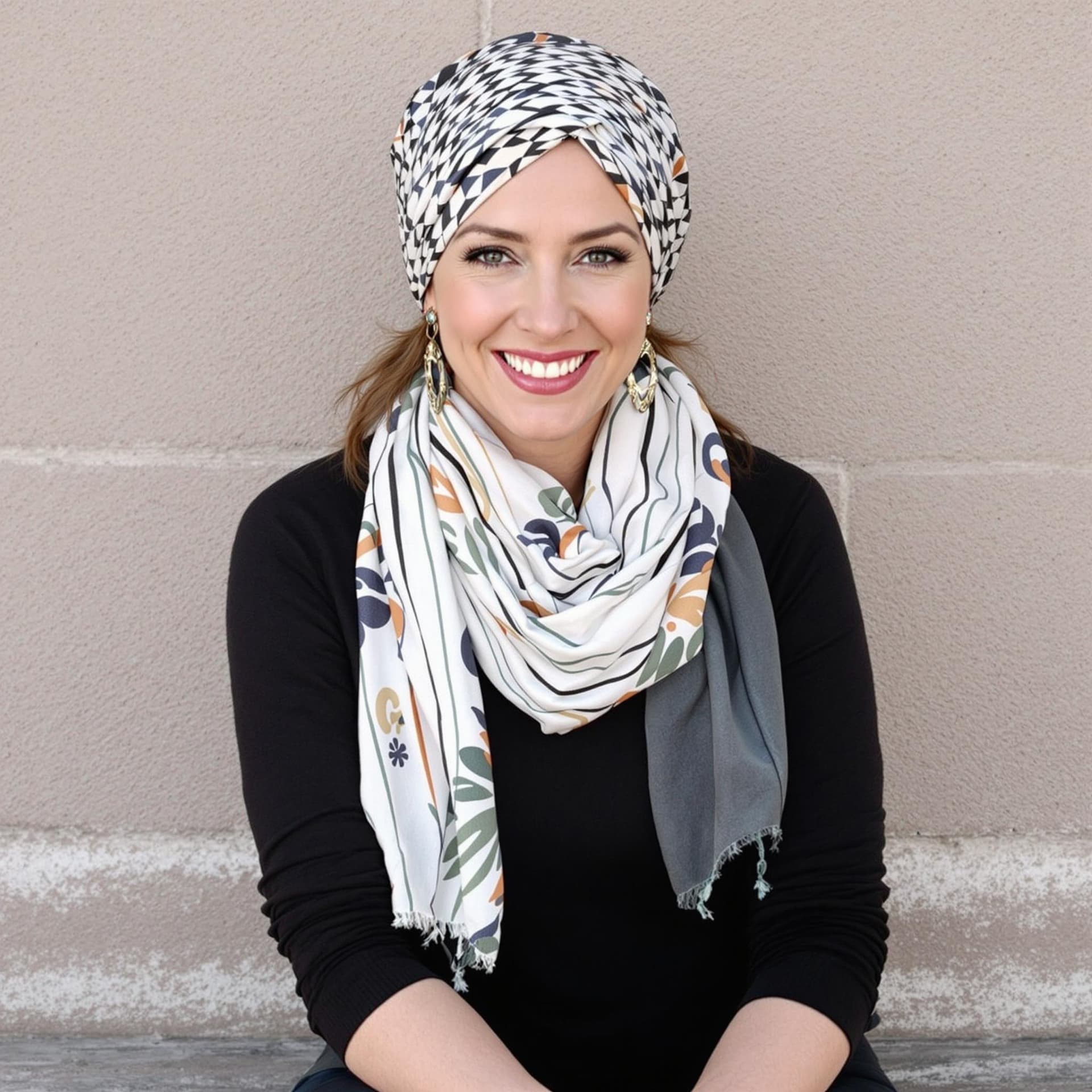 AI generated: The image features a woman wearing an tosca scarf, which is wrapped around her head. She is sitting ...