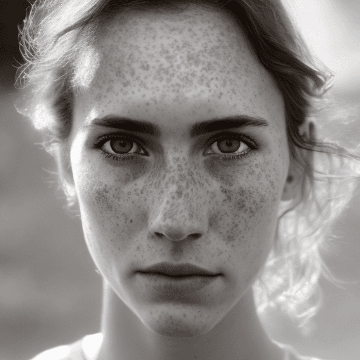 AI generated: detailed and realistic portrait of a woman with a few freckles, round eyes and short messy hair shot...