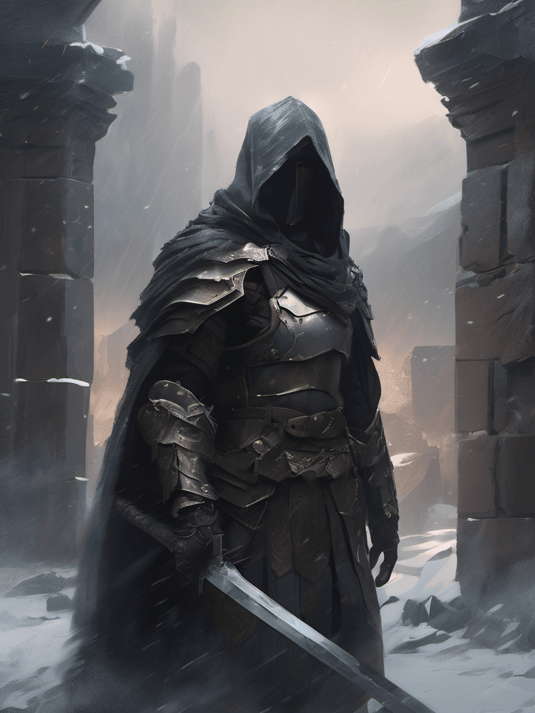 AI generated:  A half body portrait of brutal warrior in armor, legendary warrior, ghost, torn cloak, no face, alo...