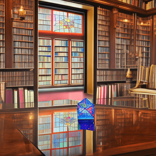 AI generated: A multicolored crystal-clear prismatic glass dreidel, sitting on an opulent table, in a stately libr...