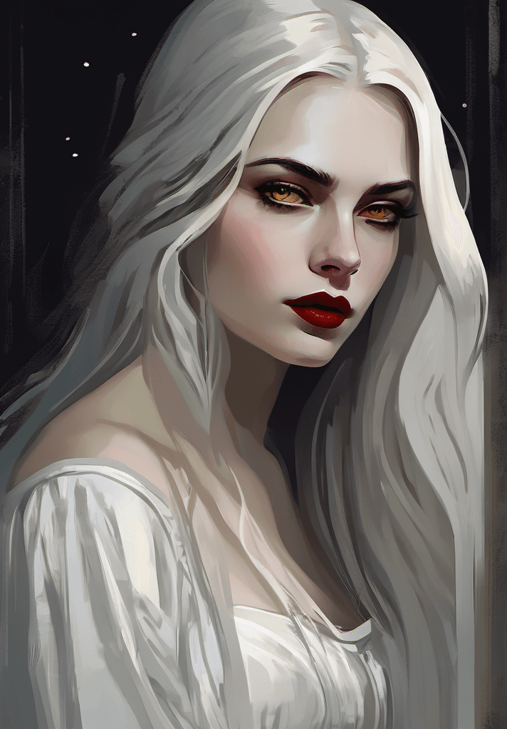 AI generated: portrait of a vampire woman with long white hair wearing a long dress, pale skin, jaded, psycho, yel...