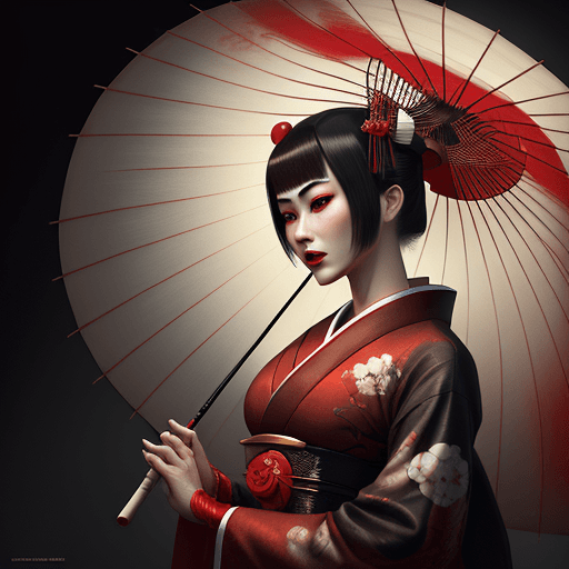 AI generated: a geisha wearing traditional and holding an umbrella, in the style of daz3d, surreal cyberpunk icono...