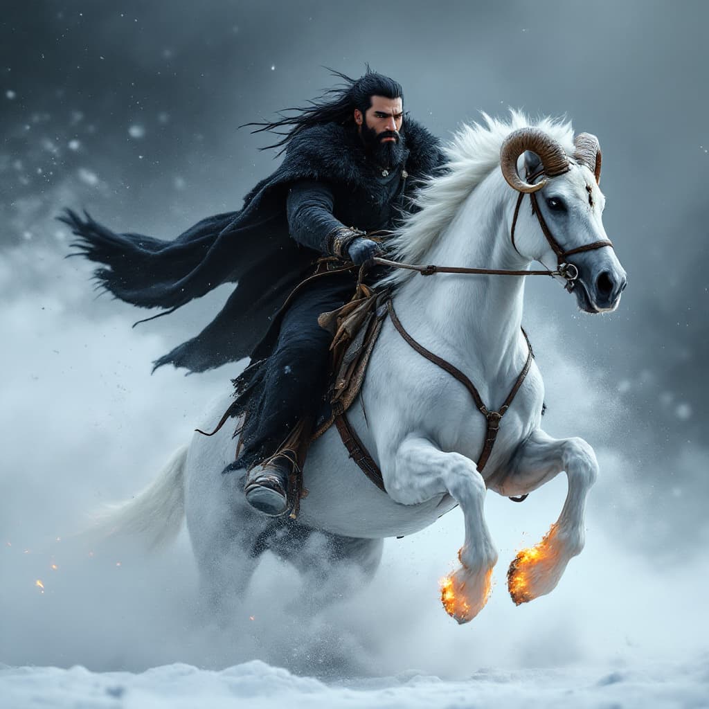 AI generated: Unreal engine, a hispanic male with a black beard, wearing a black wolf headdress, black fur coat in...