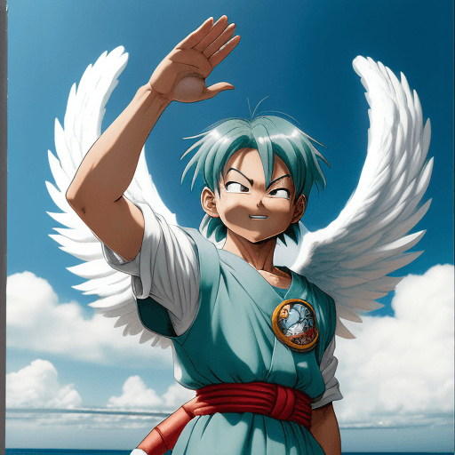 AI generated: Toriyama Akira's comic IP Bulma, with white angel wings behind him and an angel ring on his head, wa...
