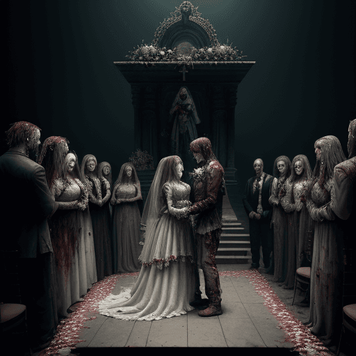 AI generated: A zombie Wedding, Wedding ceremony in front of an unholy altar, bride, groom, priest, guests    ,all...