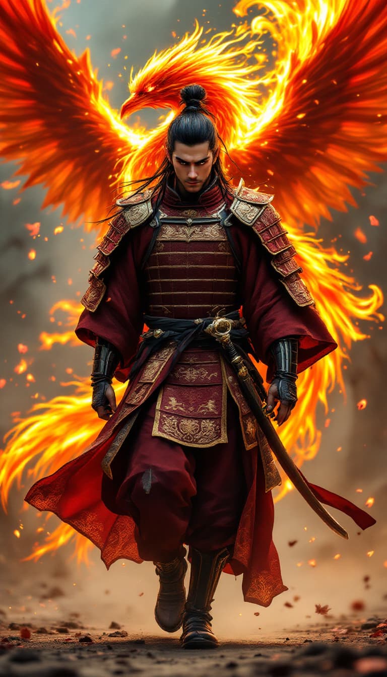 AI generated: An ultra-realistic, full-body portrait ,of a young, regal Japanese samurai strides forward toward th...