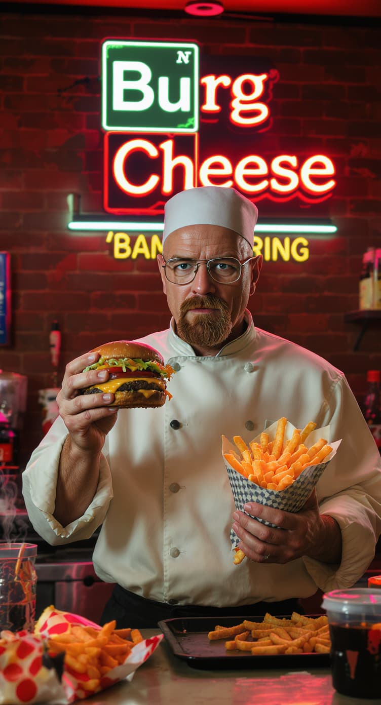 AI generated: (Photorealistic) Walter White from Breaking Bad,with the text "Burg N Cheese" in the same style as t...