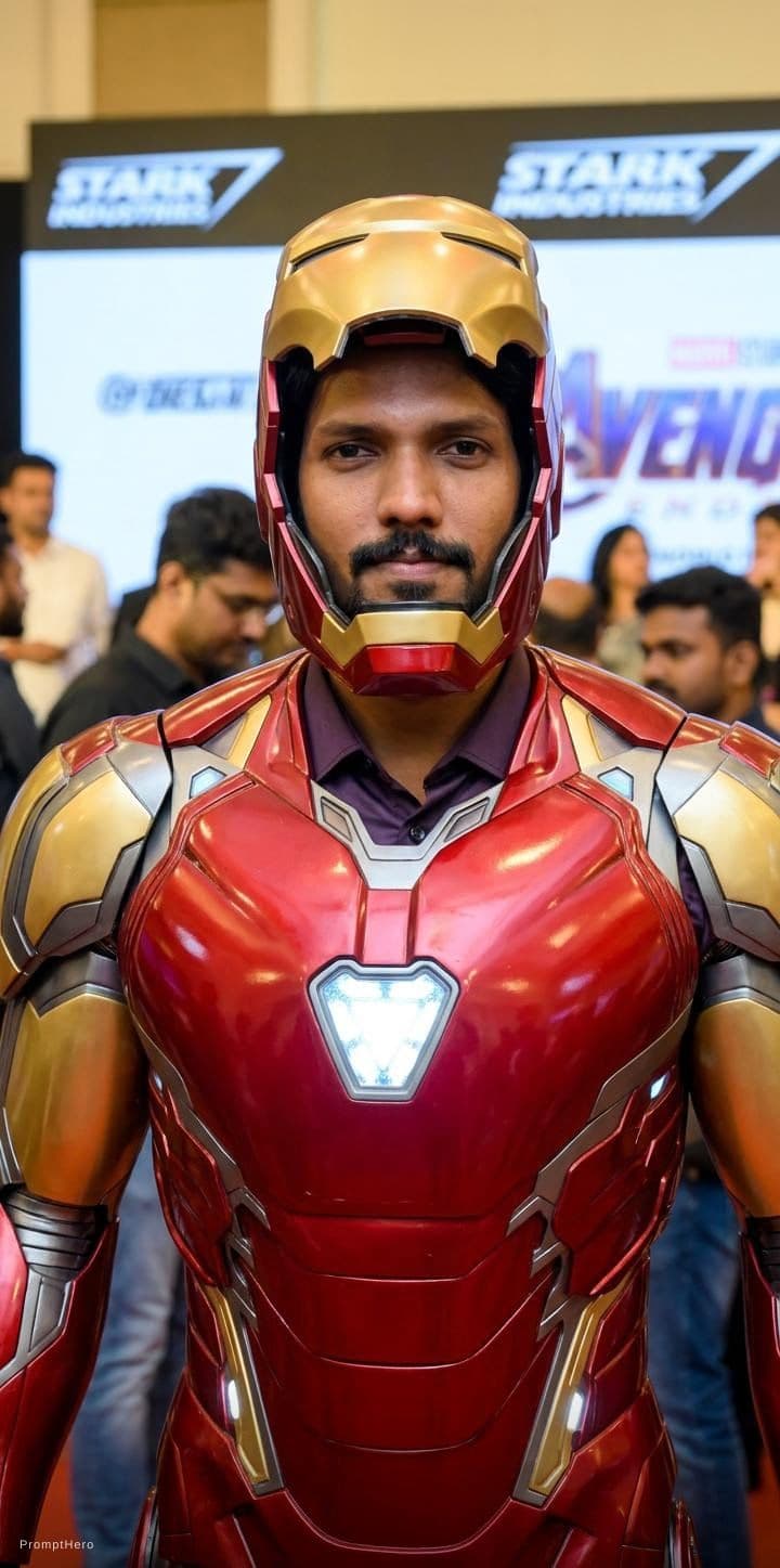 AI generated: In ironman suite and open helmet 