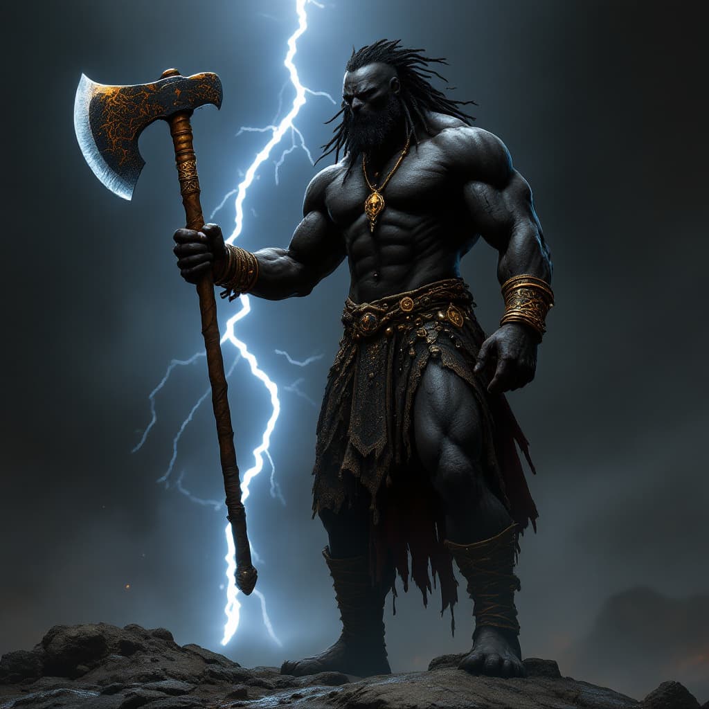 AI generated: A 12 ft tall black african god of thunder weilding a double sided axe, the axe has a  short handle 
...