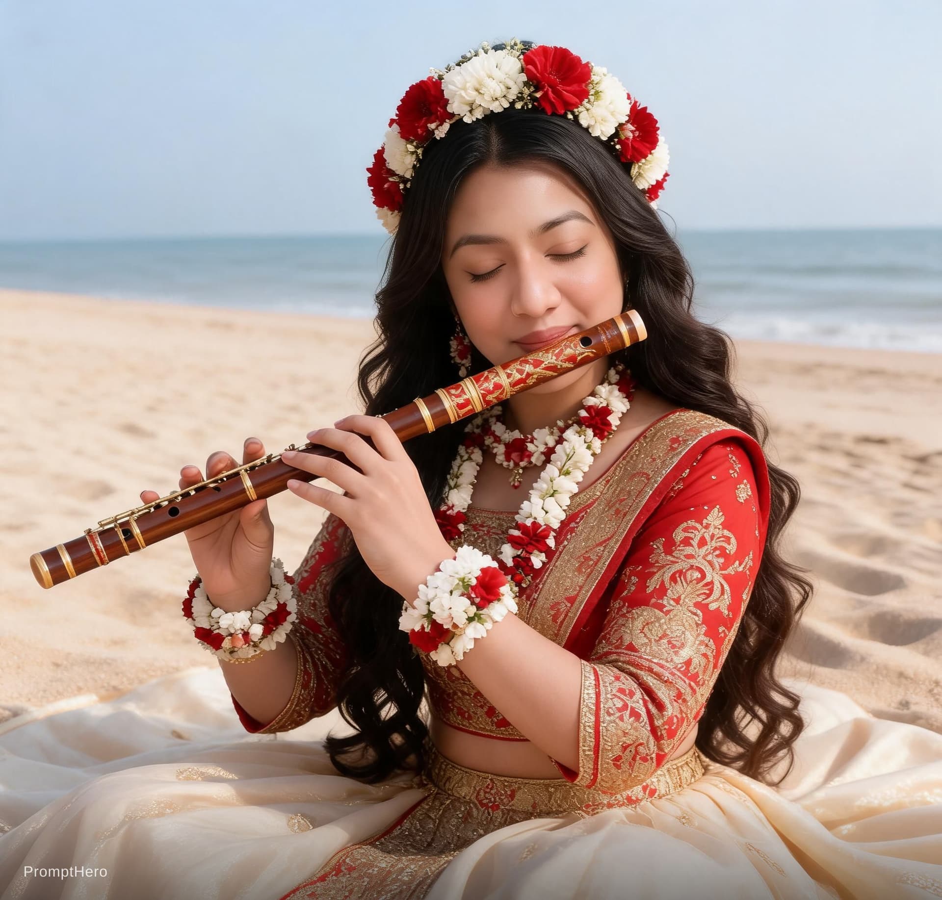 AI generated: She is playing a traditional wooden flute decorated with red and gold patterns, her eyes closed in a...