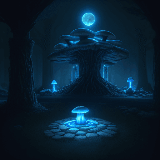 AI generated: Ruins with ancient runes glowing in blue, blue moon in the sky, night shot, blue mushrooms on the gr...