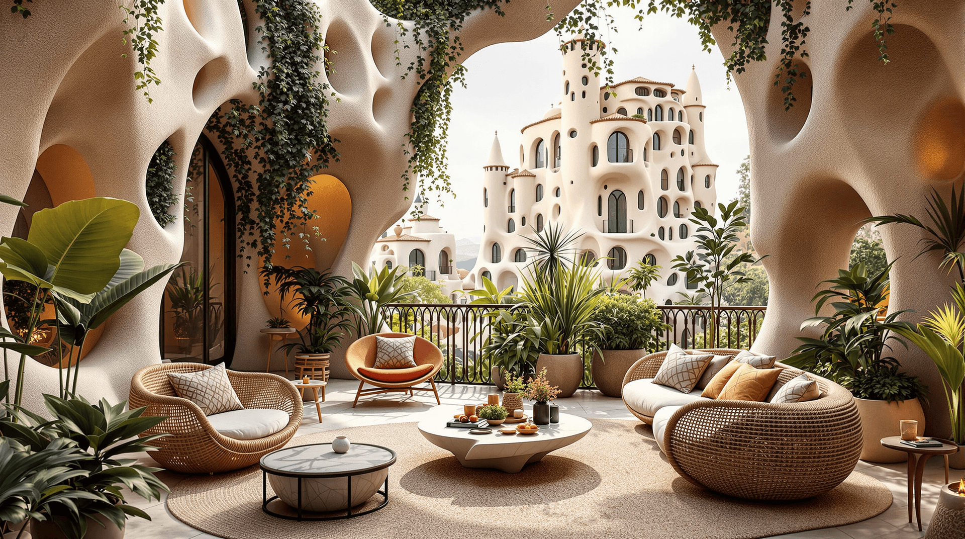 AI generated: A hyper-realistic Gaudí-inspired apartment terrace interior with undulating facades and nature-deriv...