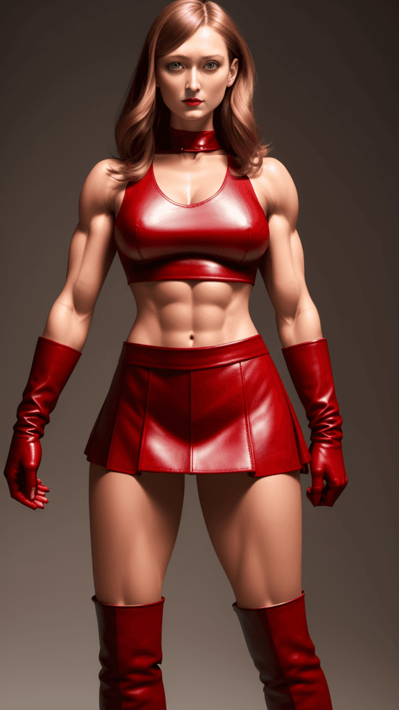 AI generated: Alexandra Maria Lara as strong muscular woman, toned biceps, wears red Leather skirt, red Leather Gl...