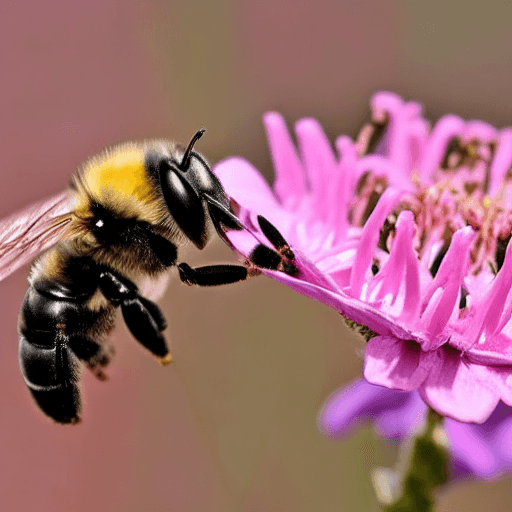 AI generated: A close-up of a purple bee pollinating a flower. The bee is covered in pollen, and its wings are bea...