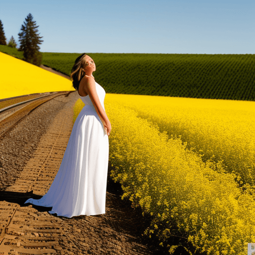AI generated: a beautiful woman in a white dress with a very long train, moved by the wind, ((Full Body)), surroun...