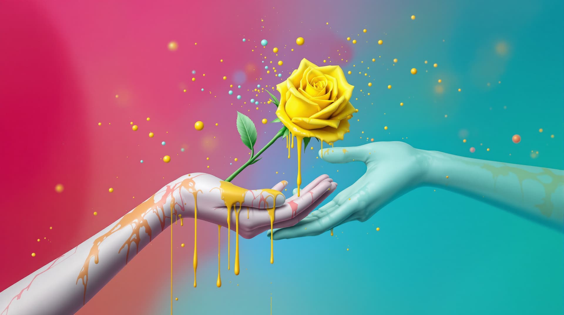 AI generated:  random pose,  two hands with asiatic tatoo skin, giving   a  yellow  rose ,the flower is made of dr...