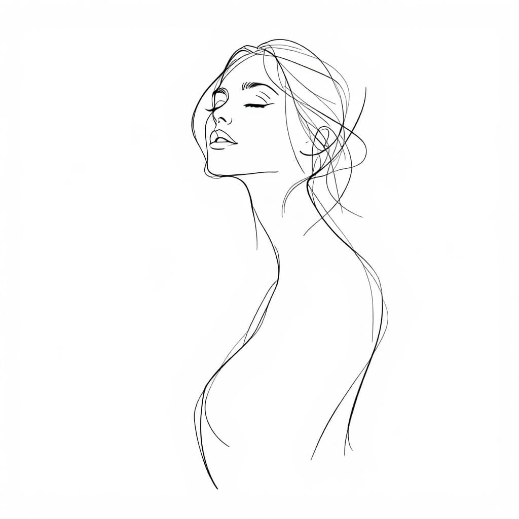 AI generated: Create a minimalist, abstract sketch of a woman, using very basic and delicate lines to define her f...