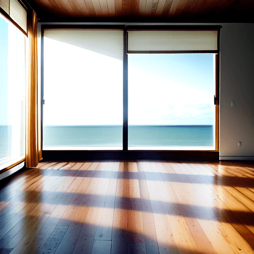 AI generated: Image of a completely empty room with a wood floor looking away from the viewer towards  a floor to ...