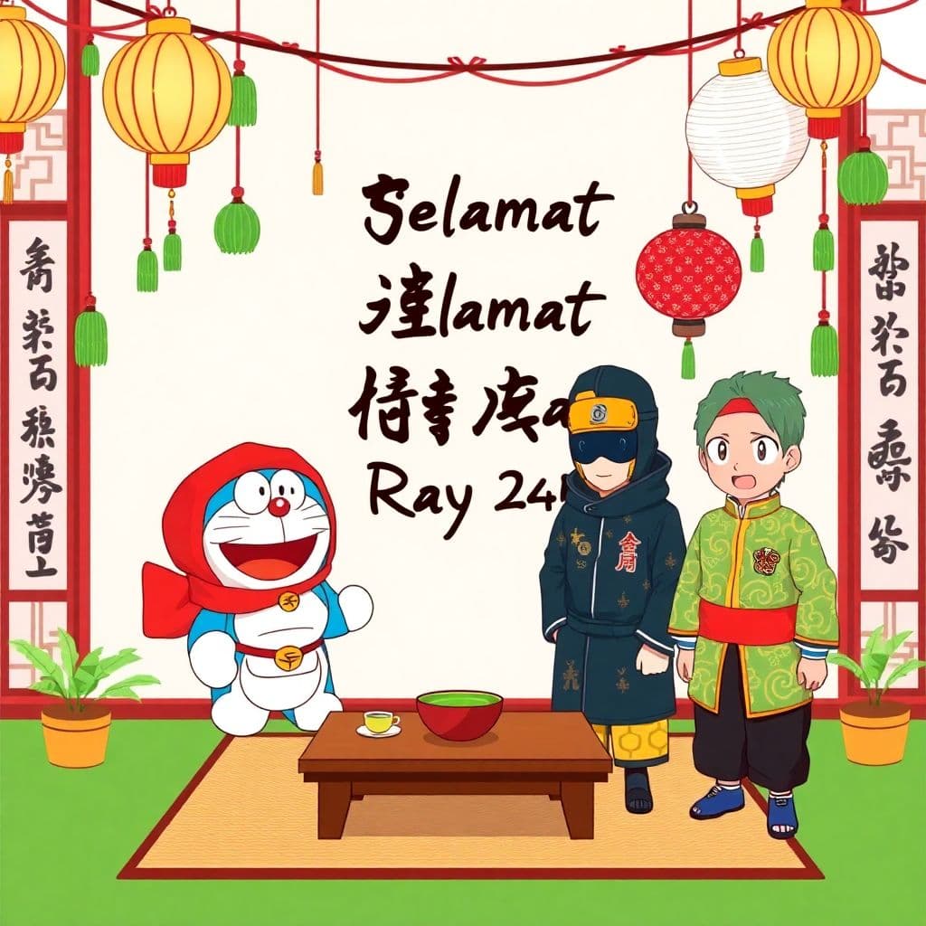 AI generated: Illustration of Hari Raya decorations with a Japanese touch. There are Japanese-style lanterns hangi...