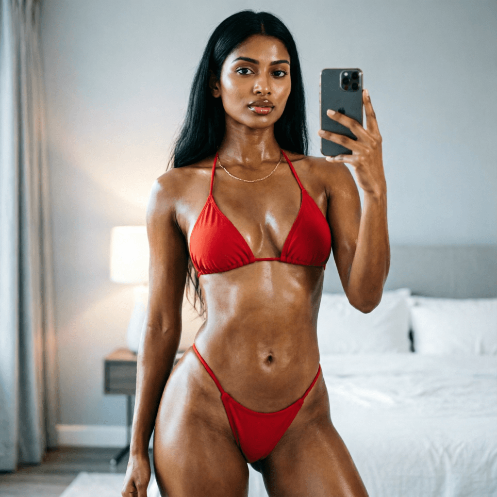 AI generated: 















Bedroom, mirror phone selfie, straight hair, girl, Indian, tan skin, red string biki...